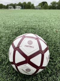 Football with white and red pattern and "Football on the Brain" logo sitting on green grass pitch